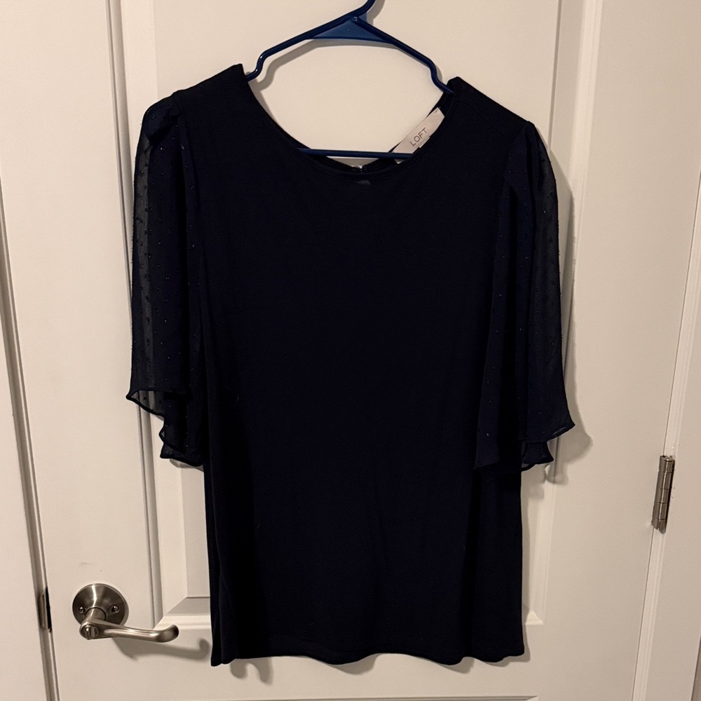 LOFT Navy Blouse with Sheer Sleeves